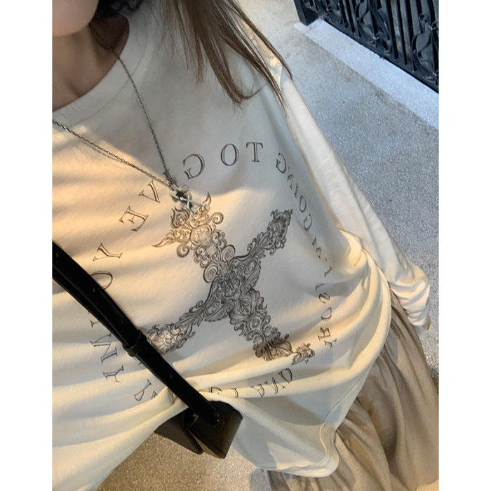 Wholesale Drapey raw edge printed long-sleeved loose T-shirt design mid-length for women