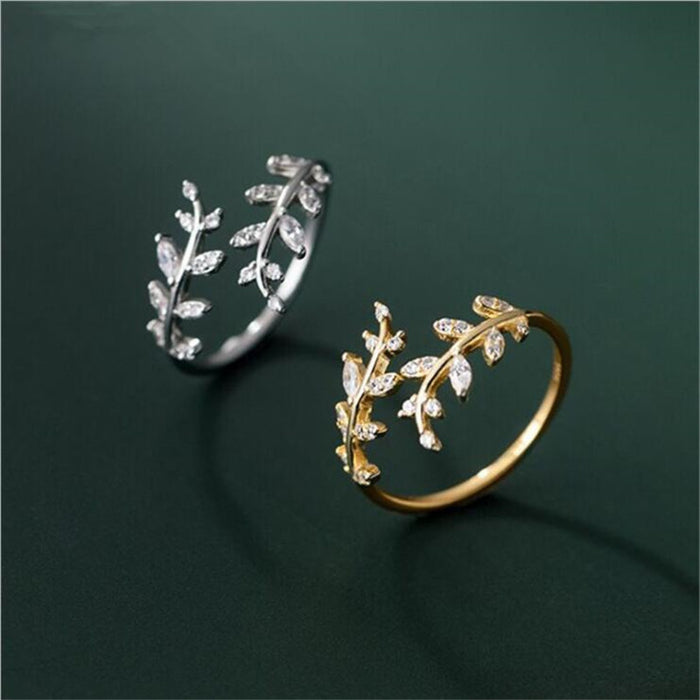 Wholesale S925 Sterling Silver Ring Diamond Leaf Branch Open Ring