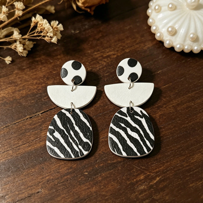 Wholesale Geometric Zebra Print Leather Long Earrings Black White Fashion Jewelry Accessory