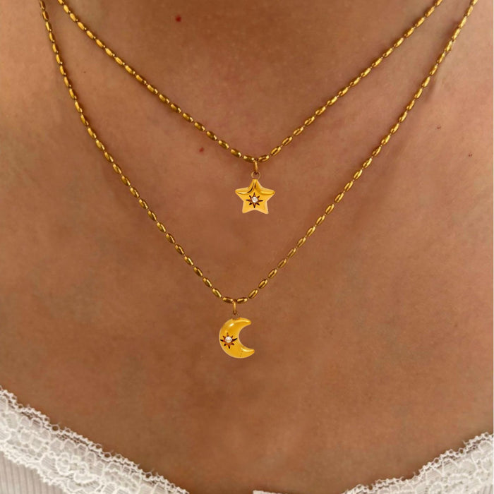 Wholesale Diamond-studded eight-pointed star and moon titanium steel necklace