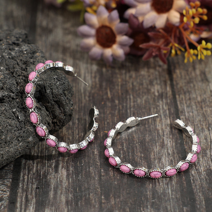 Wholesale New round pink turquoise C-shaped alloy earrings with retro style