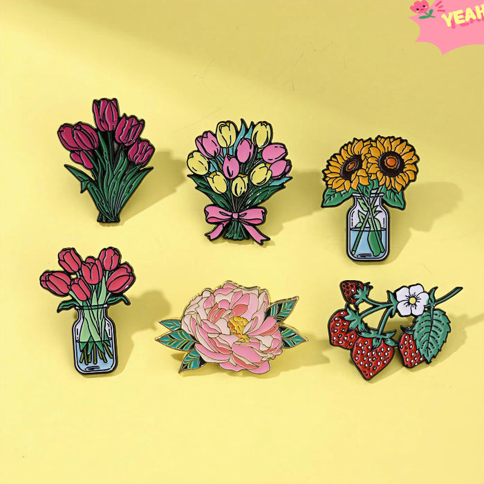 Wholesale Cute Plant Flower Brooch Cartoon Tulip Peony Metal Badge