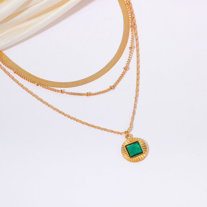 Wholesale Exaggerated jewelry, gold-plated emerald, multi-layered necklace, niche personalized alloy pendant