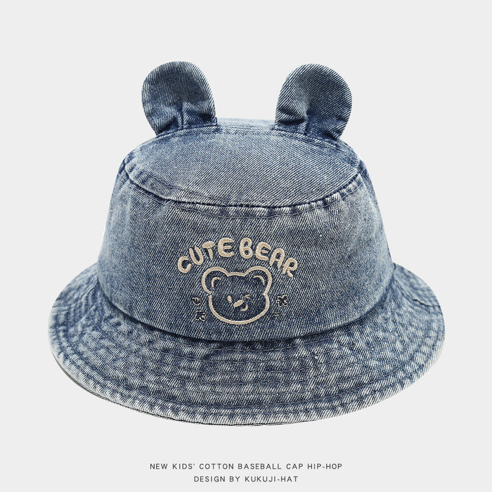 Wholesale Cartoon Letter Bear Denim Kids Bucket Hat Light Blue Sun Hat For Toddlers Casual Fashion Accessory