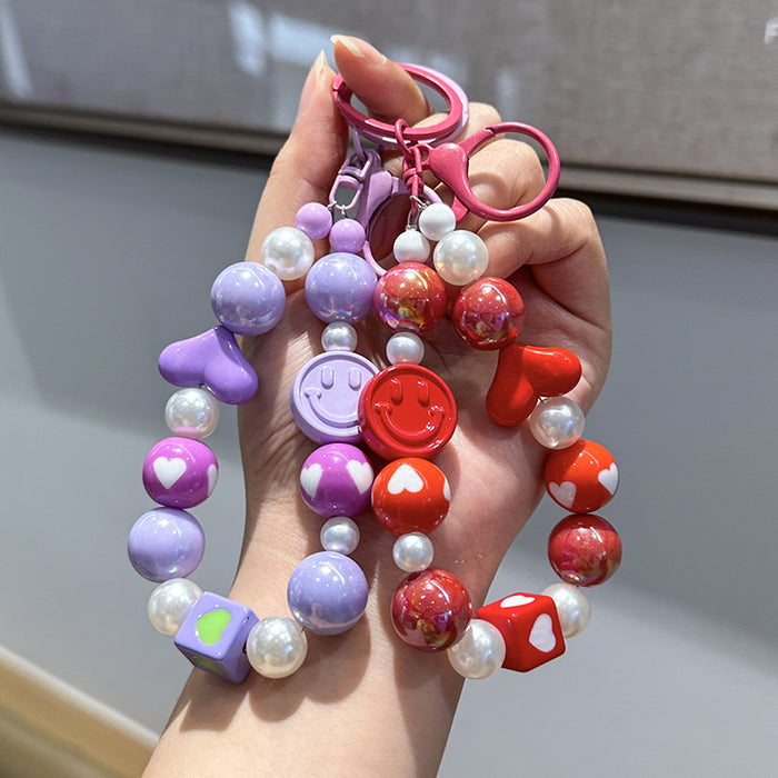 Wholesale New smiley face bead chain keychain DIY love cute backpack pendant car keychain
