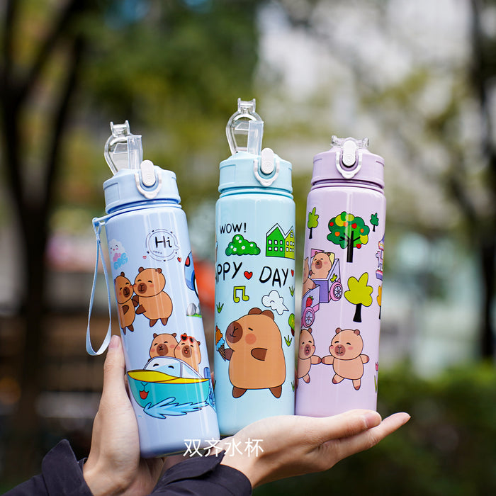 Wholesale  Straw Water Cup Cute Children' s Straw Cup Student Portable Cartoon Water Cup with Lanyard