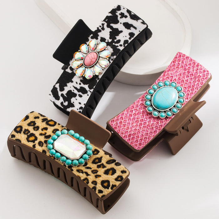 Wholesale Hair Clip Leopard Shark Clip Turquoise Accessories Vintage Leopard Leather Clip Trendy Hair Accessories