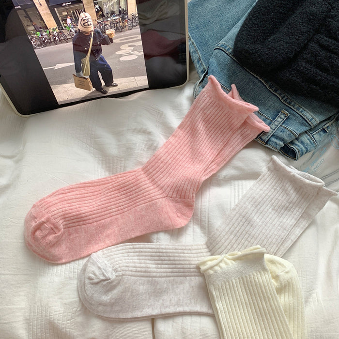 Wholesale Curled edge socks, mid length socks, new cotton socks, thin mesh breathable stacking long socks