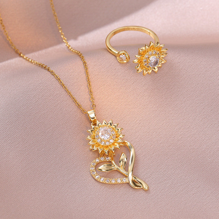 Wholesale Necklace Flower Sunflower Love Necklace Heart shaped Sunflower Rotating Micro inlaid Zirconium Clavicle Chain