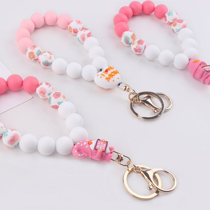 Wholesale Mother' s Day Silicone Wrist Keychain Pendant Love Silicone Beaded Bracelet Key Ring Accessories