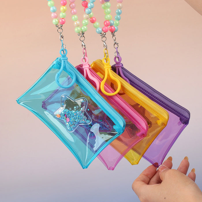 Wholesale PVC Star Macaroon Clear Zip Coin Purse Pink Bead Chain Multi Use Card Holder Earphone Bag Trendy