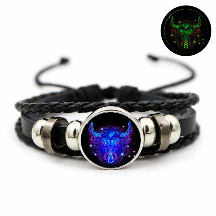 Wholesale Twelve Zodiac Luminous Retro Leather Bracelet Simple Glowing Wristband