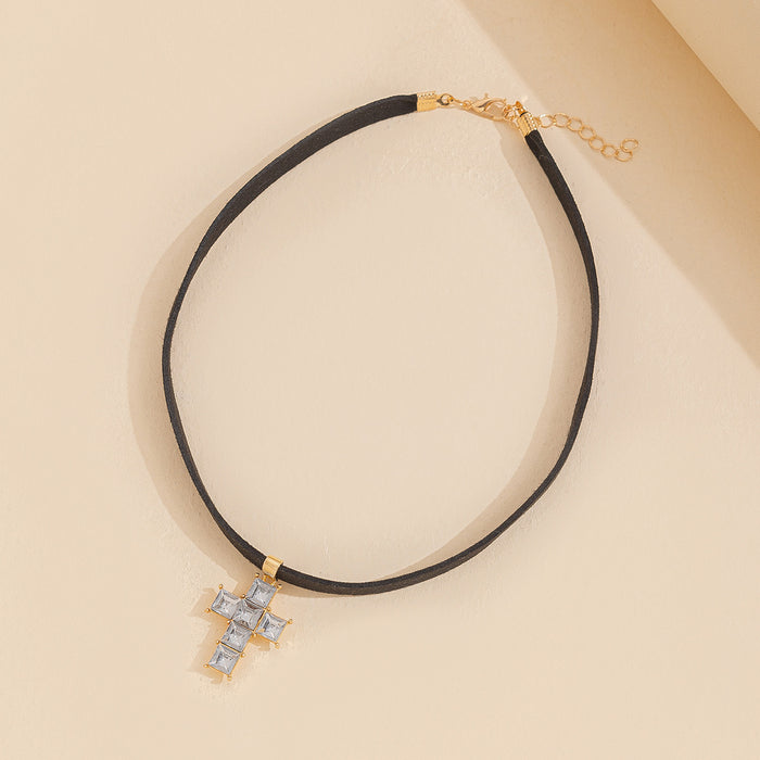Wholesale Diamond Embedded Cross Necklace Choker Adjustable Geometric