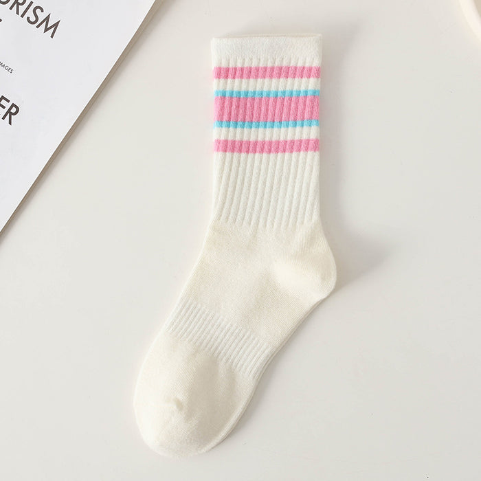 Wholesale Women's mid tube cotton socks, women's long socks with simple stripes, comfortable and breathable mid tube socks
