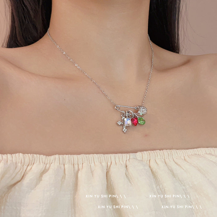 Wholesale Colorful zircon cross necklace with niche design, collarbone chain, light luxury, exquisite necklace