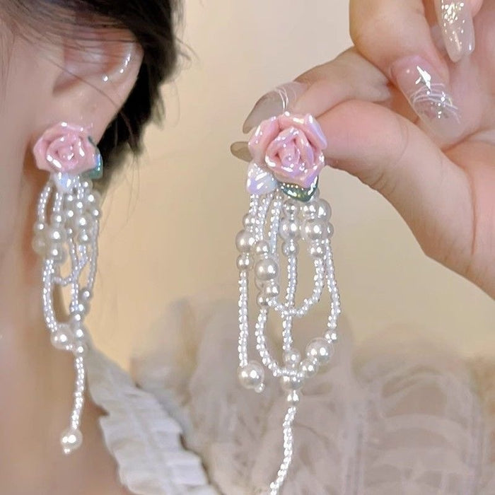 Wholesale Rose long pearl tassel earrings