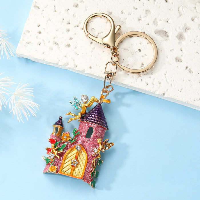 Wholesale Dreamy Fairy Tale Castle Keychain Zinc Alloy Blue Rhinestone Bag Charm
