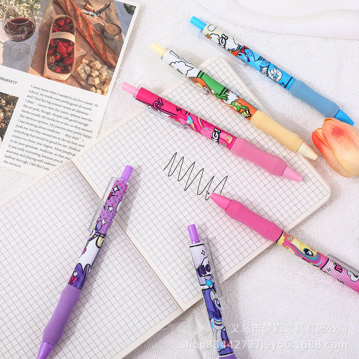 Wholesale 6pcs/set Pink Pony Brush Pen Sponge Cloud Hold Pen Quick-drying Push Pen Gel Pen Student Burden Reduction Black Pen