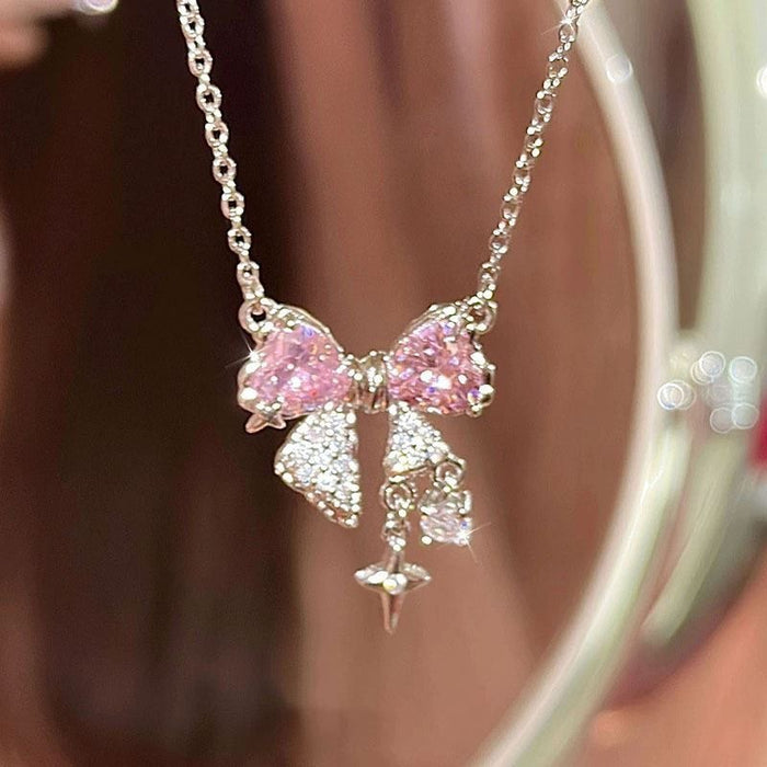 Wholesale Pink bow necklace, collarbone chain, versatile, light luxury, high-end feel