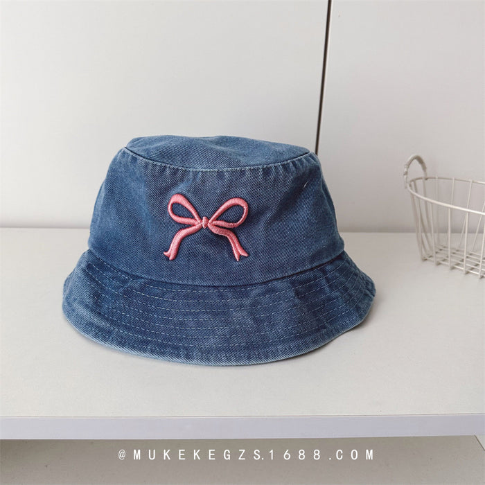 Wholesale Children's denim fisherman hat with bow embroidery trendy children's baby sun hat