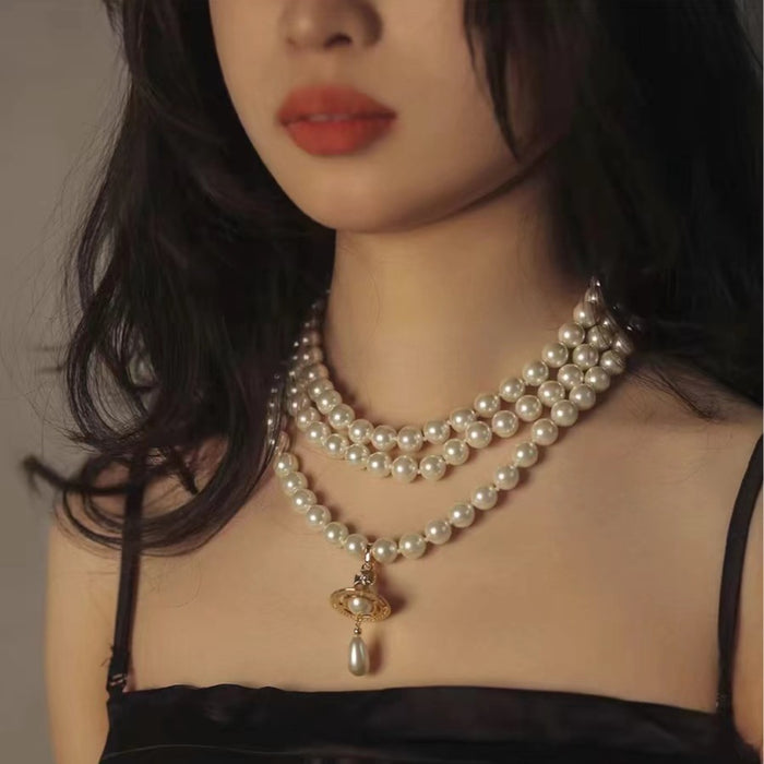 Wholesale Three layer three-dimensional water droplet collarbone chain with high-end feel, engraved and labeled necklace