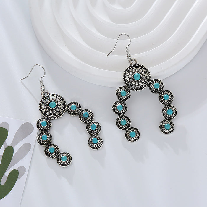 Wholesale Vintage alloy oversized earrings inlaid with turquoise