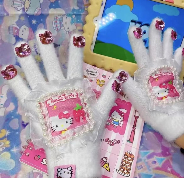 Wholesale Cute Cat Diamond Gloves Girls Winter Warm  Rhinestone Cycling Plush Wear Gloves