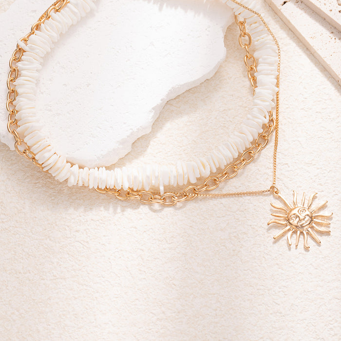Wholesale Fashionable natural shell necklace, light luxury, high-end feeling, sun pendant, multiple layers, wearing collarbone chain