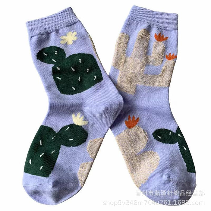 Wholesale Cotton socks, cat flower cactus trendy socks, women's socks, mid tube socks
