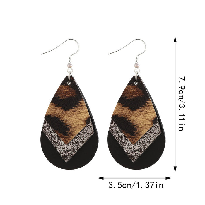 Wholesale Western Denim Three-layer Leopard Print Drop-shaped Leather Earrings JDC-ES-YiTian002