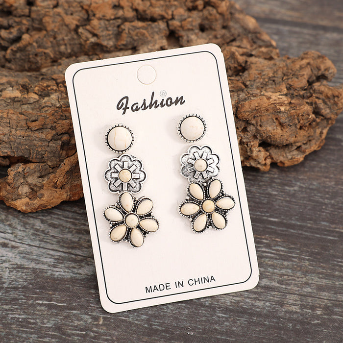Wholesale Retro Western Style Silver-Tone Alloy Turquoise 3-Piece Earring Set