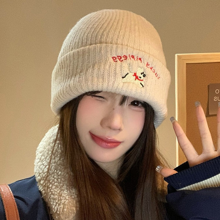 Wholesale Cute puppy embroidered knitted woolen hat for women, versatile big head circumference hat for autumn and winter