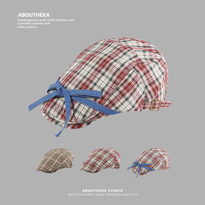 Wholesale Retro plaid hat, personalized strap, bow, bere, forward hat, reverse wearing duckbill, children's hat, painter's hat, male