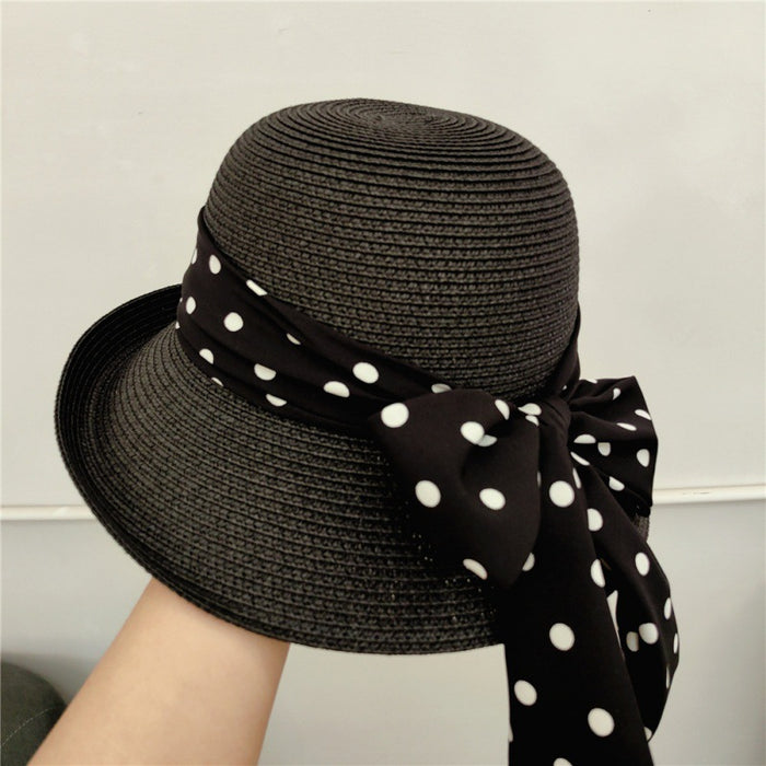 Wholesale Retro elegant polka dot bow sun hat, straw hat, sun protection basin hat