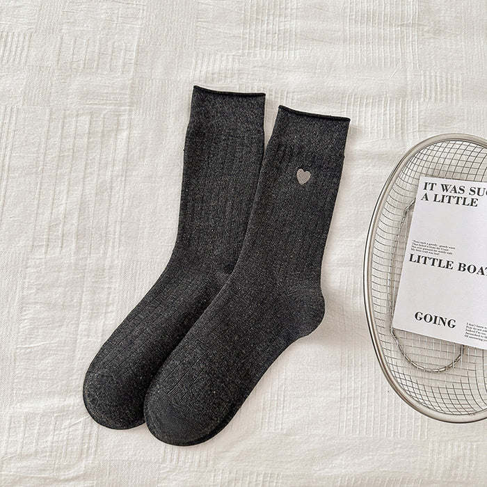Wholesale Socks with rolled edges, embroidered hearts, simple vertical stripes, versatile stacking socks
