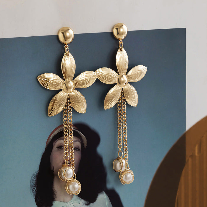 Wholesale Earrings Copper Vintage Flower Tassel Imitation Pearl JDC-ES-XueR001