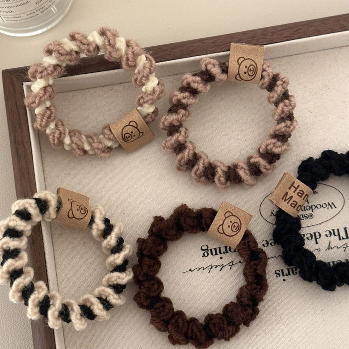 Wholesale Bear labeling hair band twist wool woven hair rope high elastic rubber band hair rope brown hair accessories