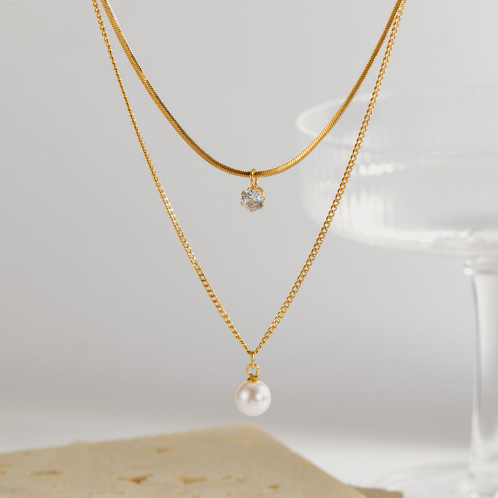Wholesale Fashion necklace stainless steel temperament commuting pearl zircon double-layer layered collarbone chain