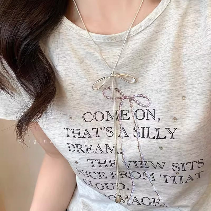 Wholesale Silver bow necklace for women, simple and cool style, long accessory with temperament, collarbone chain
