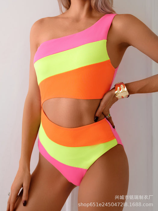 Wholesale New color blocking bikini swimsuit with a feminine feel, featuring an open waist and sloping shoulders one-piece swimsuit