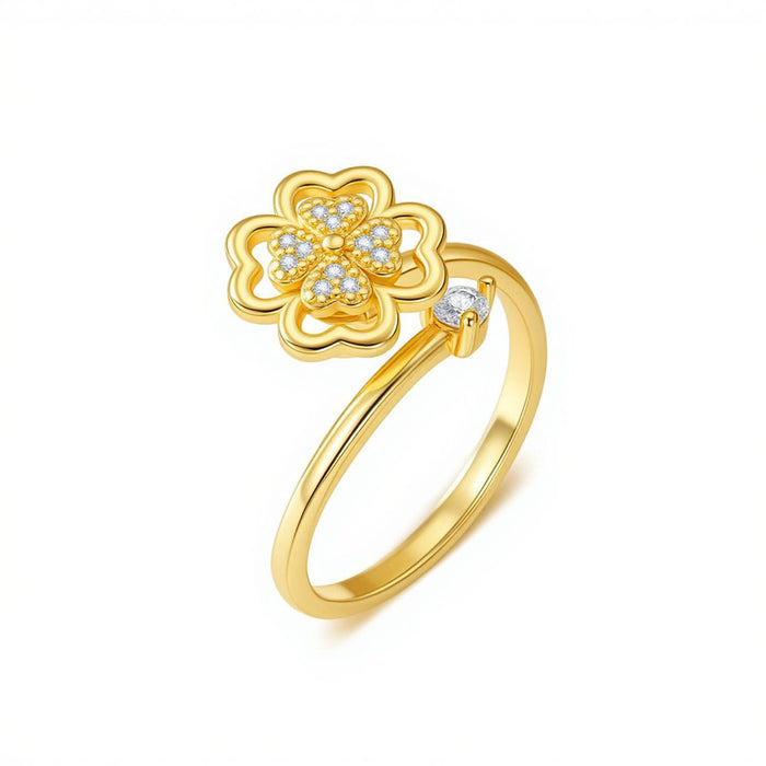 Wholesale Eco-Friendly Copper Plated Four-Leaf Clover Rotating Adjustable Ring