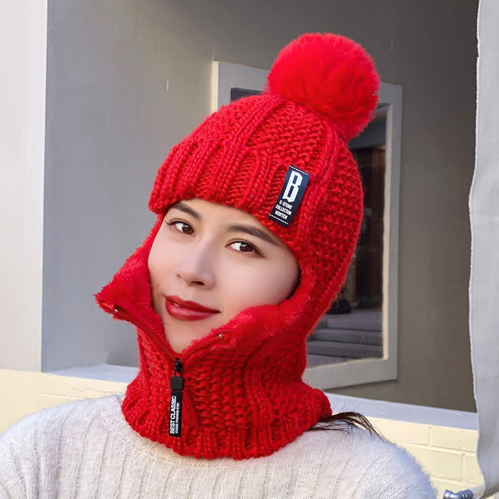 Wholesale Winter Women's Knitted Velvet Pullover Ear Protection Hat Zipper Scarf Fashionhat JDC-FH-JW001