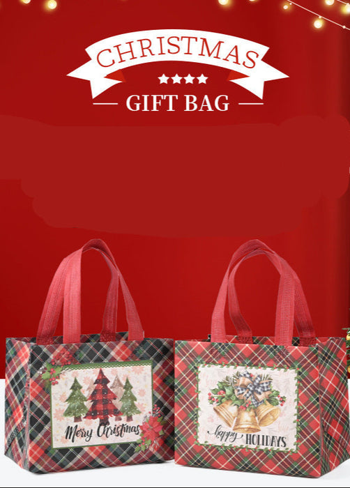 Wholesale Red Plaid Christmas Tote Gift Bag Cartoon Printed Non-woven Foldable Christmas Gift Bag JDC-GB-XJ007