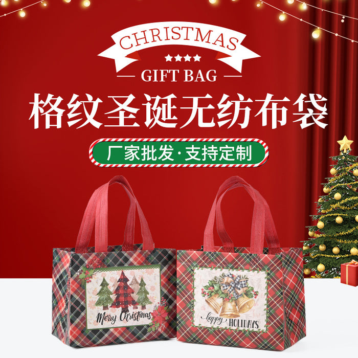 Wholesale Red Plaid Christmas Tote Gift Bag Cartoon Printed Non-woven Foldable Christmas Gift Bag JDC-GB-XJ007