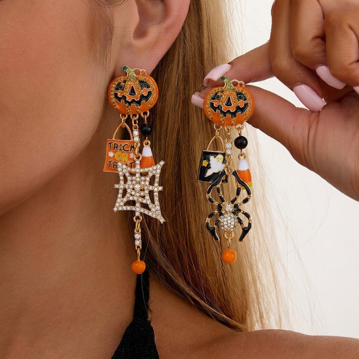 Wholesale Alloy  Rhinestone Pumpkin  Web Dangle Earrings Quirky Ghost Pendant Jewelry Party Boutique Gift Fashion Accessory