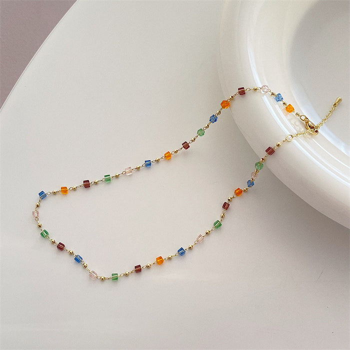 Wholesale Colorful block crystal necklace, niche design, versatile collarbone chain, fashionable temperament, light luxury pendant