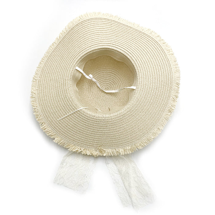 Wholesale Pearl Bow Raw Edge Straw Hat Summer Breathable Lace Streamer Straw Hat