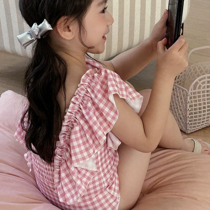 Wholesale Pink plaid lace one-piece swimsuit for vacation