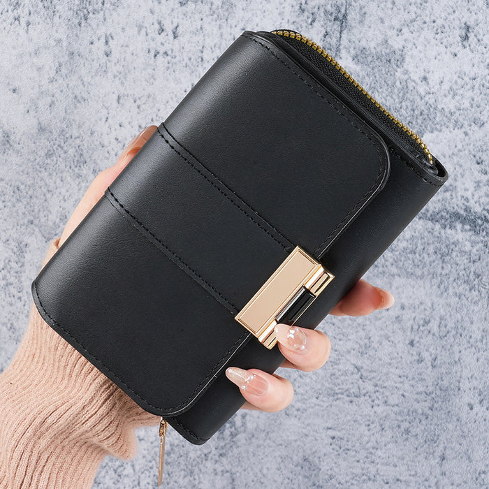 Wholesale Women' s Black PU Leather Tri-fold Wallet with Car ing and Multiple Card Slots - Everyday Fashion Accessory