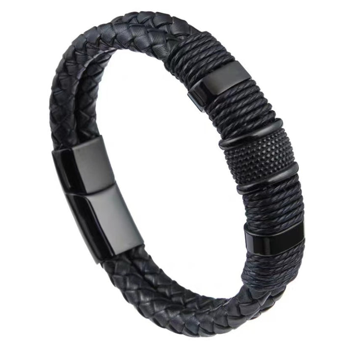 Wholesale Hand string double-layer retro alloy cowhide woven bracelet, fashionable men's leather magnetic buckle bracelet